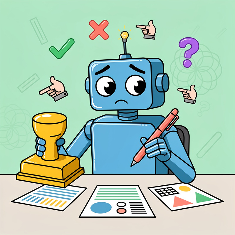 A blue cartoon robot with large eyes sits at a desk holding a trophy in one hand and a pen in the other, with papers containing charts and graphs spread out in front of it. Above the robot are floating symbols including a green checkmark, red X, light bulb, question mark, and pointing hand gestures against a mint green background.