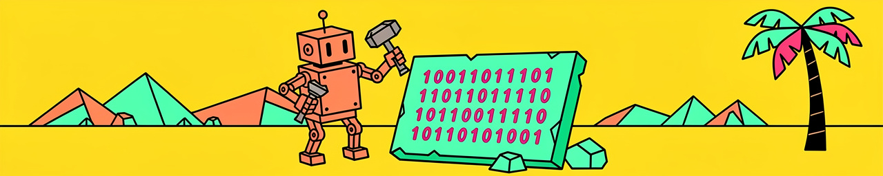 A cartoon robot with an orange/red body holds a hammer while standing next to a large turquoise stone tablet displaying binary code (1s and 0s in pink/magenta text) against a bright yellow background, with geometric mountains on the left and a palm tree on the right.