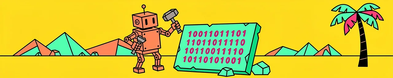 A cartoon robot with an orange/red body holds a hammer while standing next to a large turquoise stone tablet displaying binary code (1s and 0s in pink/magenta text) against a bright yellow background, with geometric mountains on the left and a palm tree on the right.