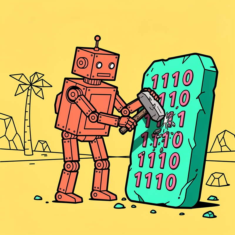 A coral-colored robot with visible joints and an antenna is chiseling binary code (sequences of 1s and 0s) onto a turquoise stone slab, set against a yellow background with geometric palm trees and rocks scattered around.