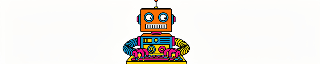 A colorful cartoon robot illustration with an orange rectangular head featuring two large circular eyes and a grille mouth, positioned above a blue and multicolored body with pink accordion-style arms, yellow and pink control panels on its chest, and a yellow base. The robot has a small red antenna on top of its head.
