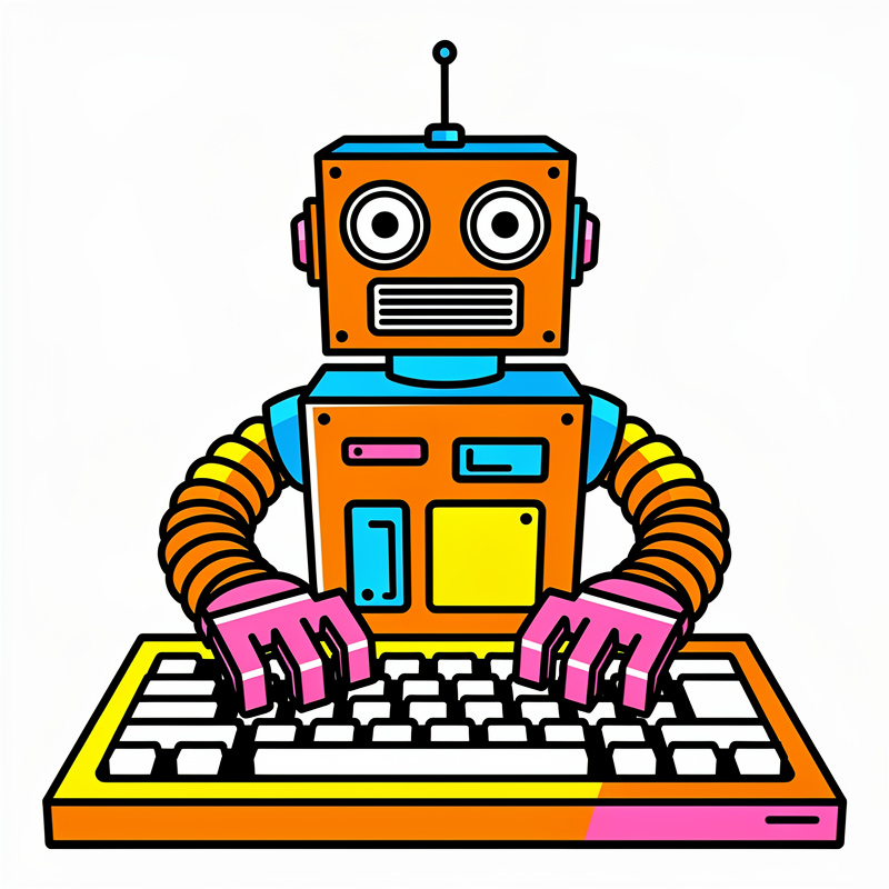 A colorful cartoon robot with an orange rectangular head and body, purple ears, and yellow-and-orange striped arms is typing on a yellow and orange keyboard. The robot has large circular eyes, a blue antenna on top, and pink hands positioned on the keyboard keys.