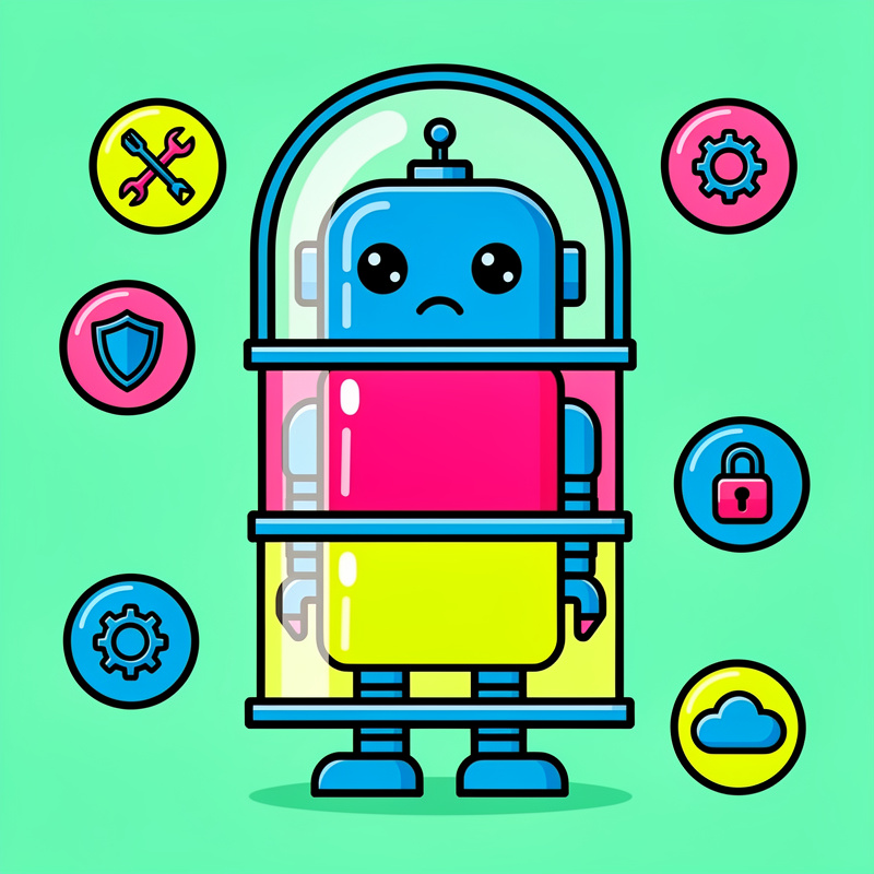A segmented robot character with a blue head under a glass dome, pink middle section, and yellow lower body stands centered on a mint green background, surrounded by eight circular icons representing tools, gears, security shields, locks, and cloud symbols in blue, pink, and yellow colors.