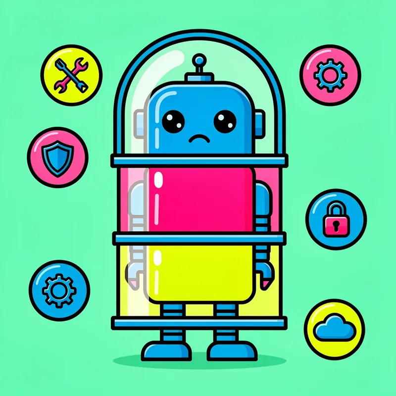 A segmented robot character with a blue head under a glass dome, pink middle section, and yellow lower body stands centered on a mint green background, surrounded by eight circular icons representing tools, gears, security shields, locks, and cloud symbols in blue, pink, and yellow colors.