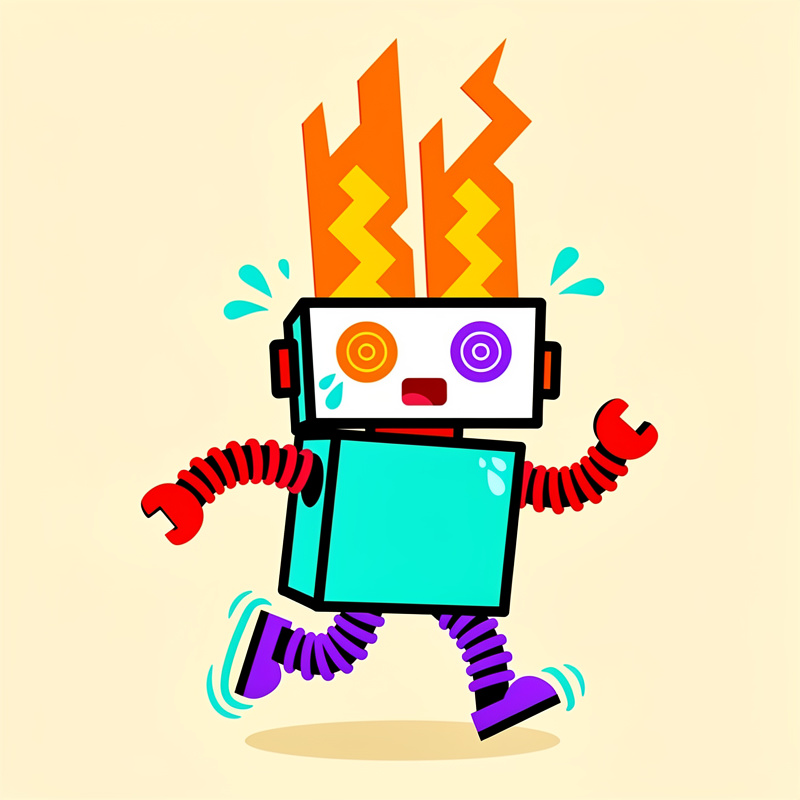 A cartoon robot with a white rectangular head and cyan square body appears to be malfunctioning or overheating, with orange and yellow flame graphics shooting from the top of its head. The robot has spiral eyes (one orange, one purple), red accordion-style arms ending in claw hands, purple accordion legs with purple boots, and cyan sweat drops around its head indicating distress.