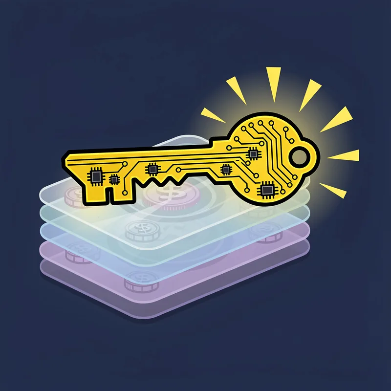 A glowing golden key made of interlocking circuit traces resting on three stacked translucent token cards against a dark blue background.