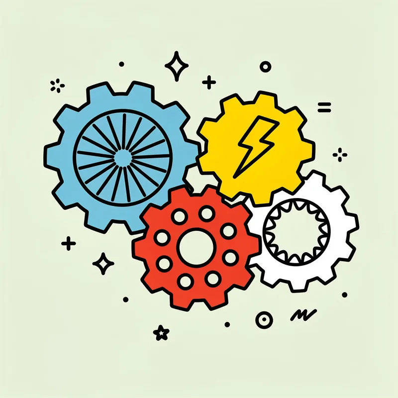 Colorful interlocking gears representing machine learning algorithms, Python programming efficiency, and startup innovation: blue gear with radial pattern, yellow gear with lightning bolt, red gear, and white gear with serrated interior, symbolizing interconnected AI processes and technological synergy