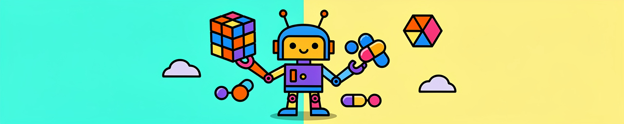 A cartoon robot with a white TV-screen face displaying a smile stands against a cyan background, holding colorful geometric blocks and database cylinders in its purple, orange, and cyan arms. The robot has antennae on its head and is surrounded by floating clouds, cubes, circles, and geometric shapes in purple, orange, and other bright colors.
