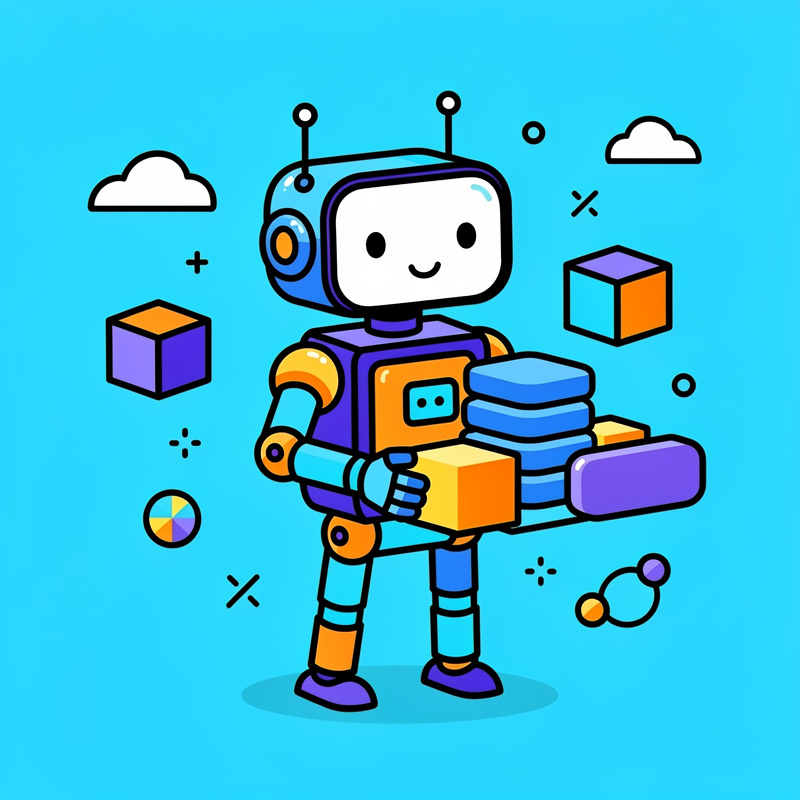 A cartoon robot with a white TV-screen face displaying a smile stands against a cyan background, holding colorful geometric blocks and database cylinders in its purple, orange, and cyan arms. The robot has antennae on its head and is surrounded by floating clouds, cubes, circles, and geometric shapes in purple, orange, and other bright colors.