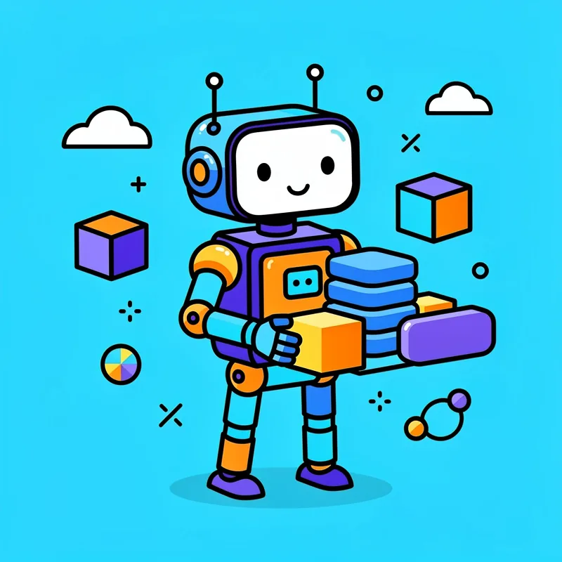 A cartoon robot with a white TV-screen face displaying a smile stands against a cyan background, holding colorful geometric blocks and database cylinders in its purple, orange, and cyan arms. The robot has antennae on its head and is surrounded by floating clouds, cubes, circles, and geometric shapes in purple, orange, and other bright colors.