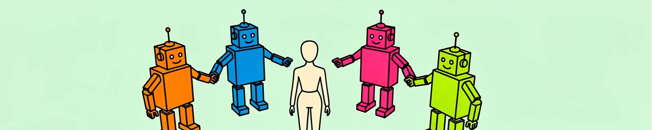 Four colorful cartoon robots (orange, blue, pink, and yellow-green) stand holding hands with a white human figure silhouette in the center, all against a pale green background.