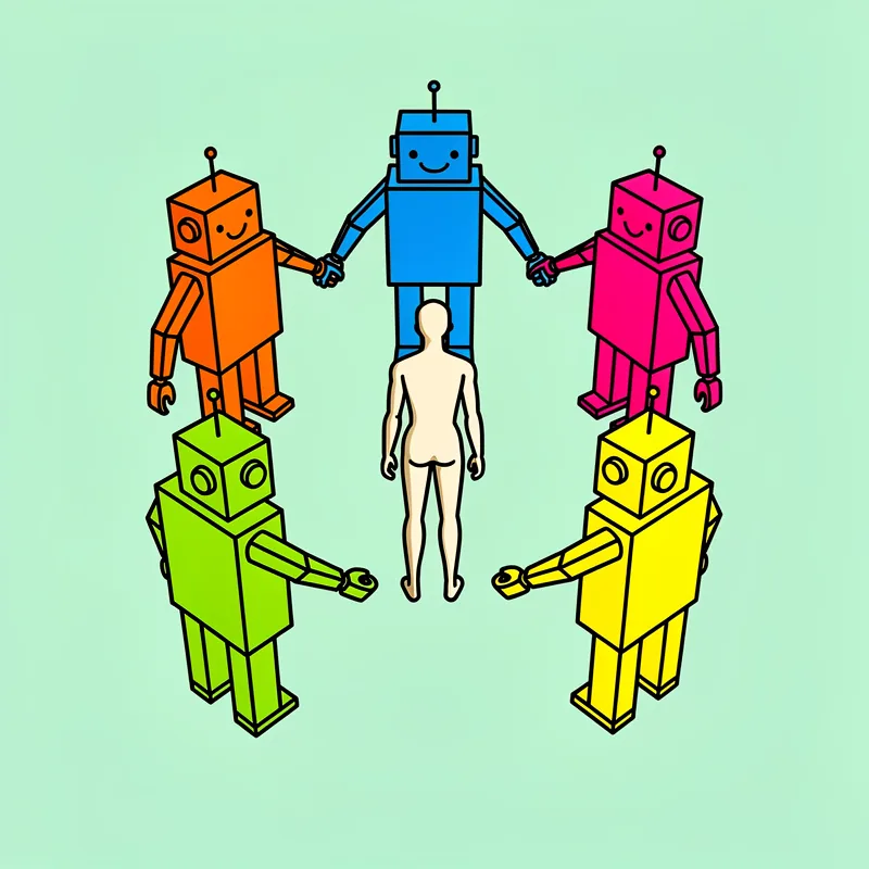 Five colorful cartoon robots (orange, blue, pink, green, and yellow) stand in a circle holding hands around a single human figure in the center, all set against a mint green background. Each robot has a simple smiling face, an antenna on top of its head, and a boxy geometric body design.