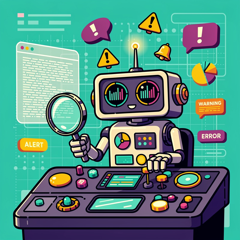 A purple and white robot sits at a control panel desk holding a magnifying glass, surrounded by floating warning icons including yellow triangles with exclamation marks, bells, and speech bubbles labeled "ALERT," "WARNING," and "ERROR" against a turquoise background. The robot has dual circular displays showing colorful graphs on its face, and the control panel features various buttons, screens, and pie chart displays.