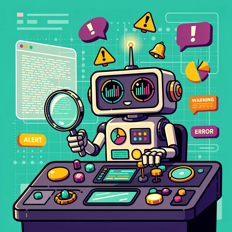 A purple and white robot sits at a control panel desk holding a magnifying glass, surrounded by floating warning icons including yellow triangles with exclamation marks, bells, and speech bubbles labeled "ALERT," "WARNING," and "ERROR" against a turquoise background. The robot has dual circular displays showing colorful graphs on its face, and the control panel features various buttons, screens, and pie chart displays.