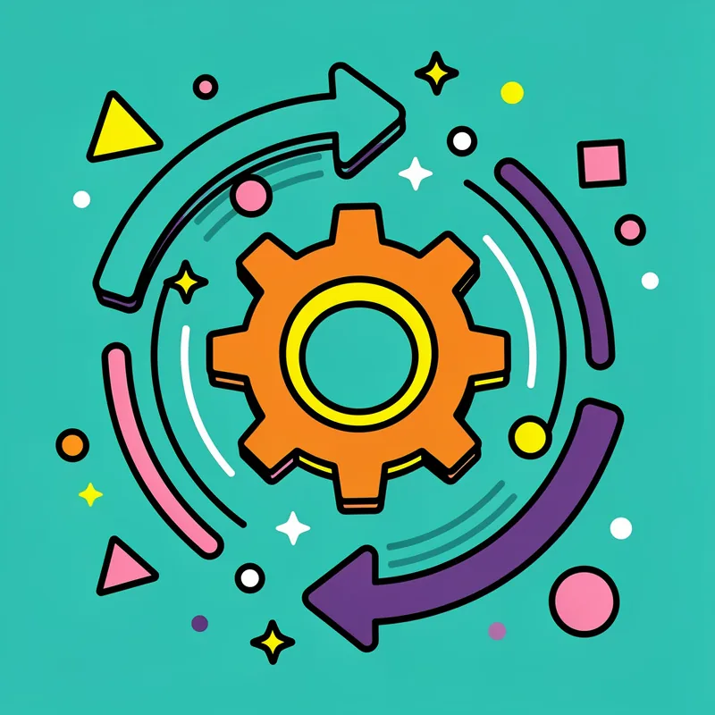 An orange gear with a yellow center sits in the middle of a turquoise background, surrounded by circular motion lines and two curved arrows (one teal pointing right at the top, one purple pointing left at the bottom). Colorful geometric shapes including triangles, circles, squares, and star-like sparkles are scattered around the composition in pink, yellow, white, and purple.