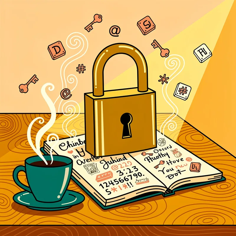 A brass padlock resting on an open paper notebook beside a cup of coffee on a wooden desk, warm natural light.