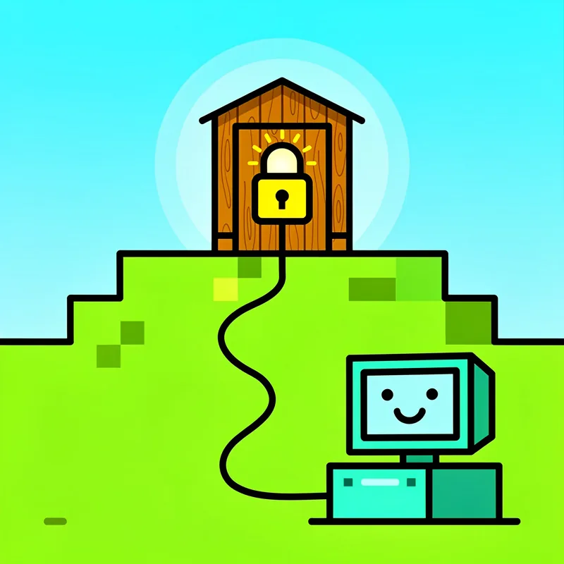 A small blocky green hill with a tiny wooden server shed on top, a glowing padlock on its door and a thin cable running down to a friendly terminal screen, bright sky.