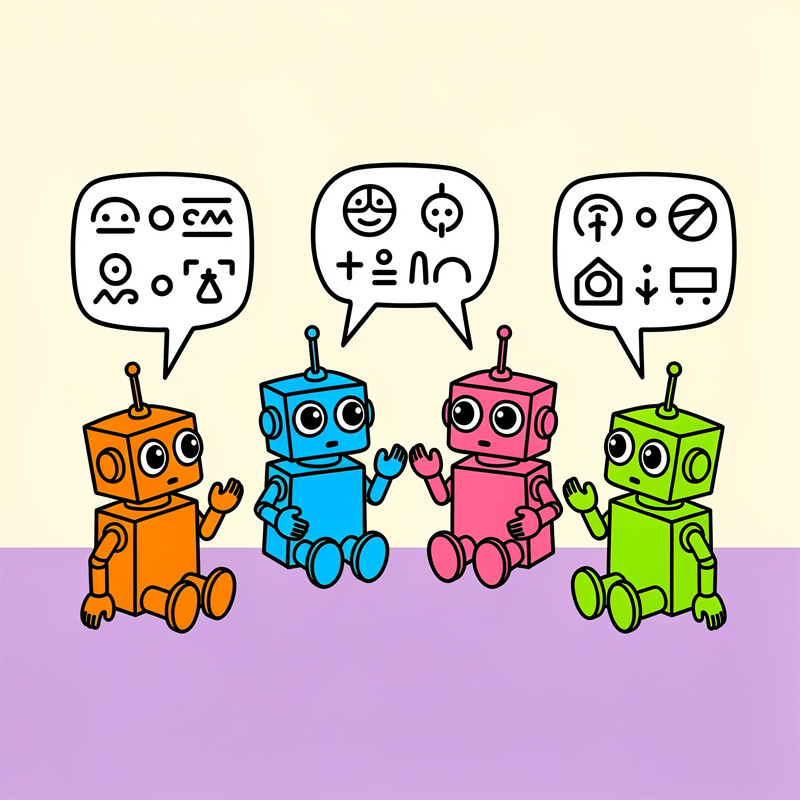 Four colorful cartoon robots (orange, blue, pink, and lime green) sit in a row against a beige and purple background, each with speech bubbles above them containing various icons and symbols including emojis, arrows, houses, and geometric shapes.