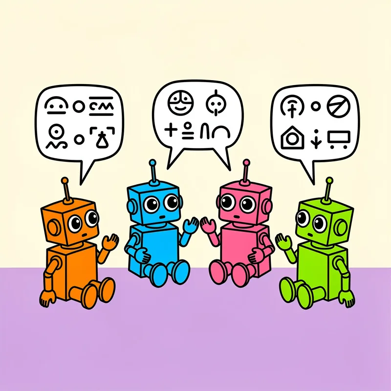 Four colorful cartoon robots (orange, blue, pink, and lime green) sit in a row against a beige and purple background, each with speech bubbles above them containing various icons and symbols including emojis, arrows, houses, and geometric shapes.