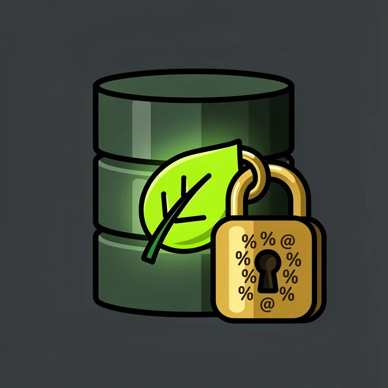 A dark green database cylinder with a glowing leaf emblem, secured by a brass padlock whose keyhole is formed from percent signs and at symbols, on a deep charcoal background.