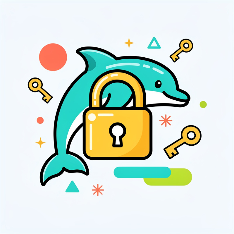 Dolphin with padlock and keys illustration - website security and encryption concept for SEO technical optimization
