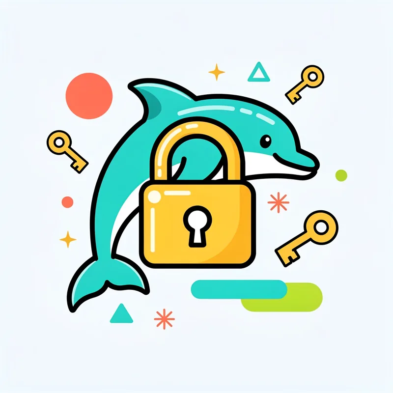 Dolphin with padlock and keys illustration - website security and encryption concept for SEO technical optimization
