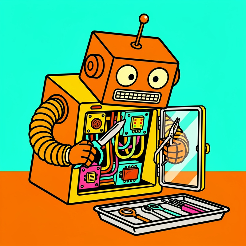 An orange cartoon robot with spiral ears and an antenna is working on its own exposed chest cavity filled with colorful circuit boards and components, using tools from a white tray below. The background is split between cyan (top) and orange (bottom) sections.