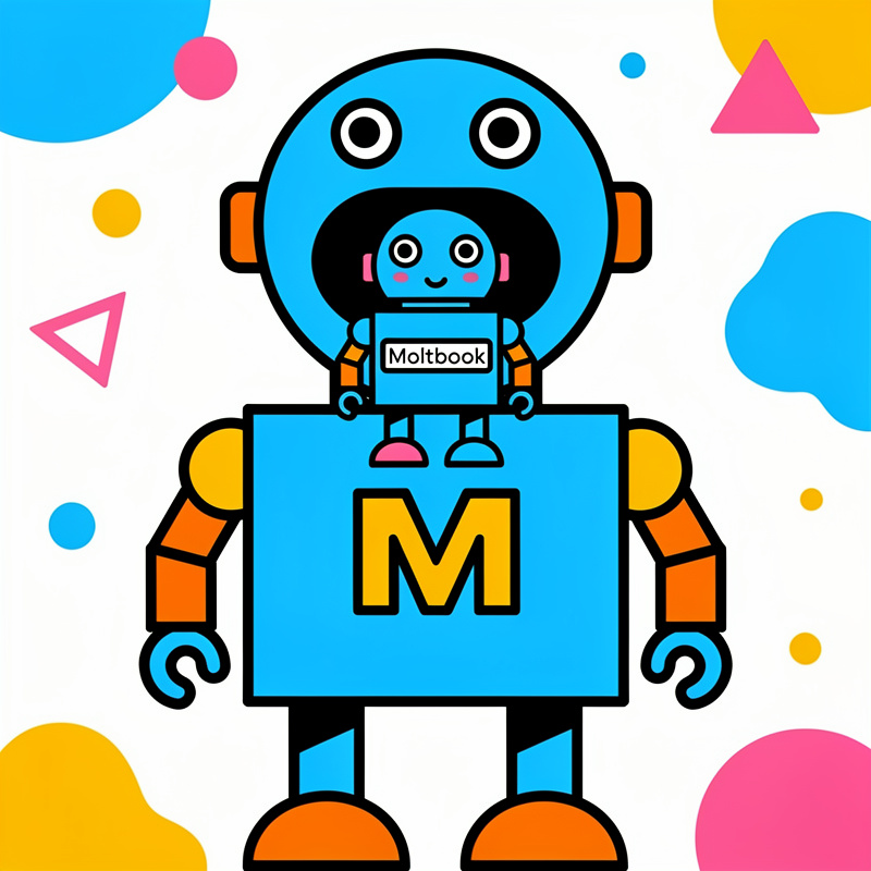 A large blue robot with orange accents and the letter "M" on its chest holds a smaller robot labeled "Moltbook" in its open head compartment. The background features colorful geometric shapes including pink circles and triangles, yellow circles, and blue shapes scattered across a white surface.