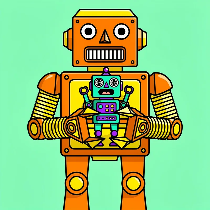 An orange robot with a yellow top holds a smaller turquoise and purple robot in its arms against a mint green background. The larger robot has wide circular eyes, a triangular nose, and a gritted teeth expression, with yellow accordion-style arms and circular joints at the knees.