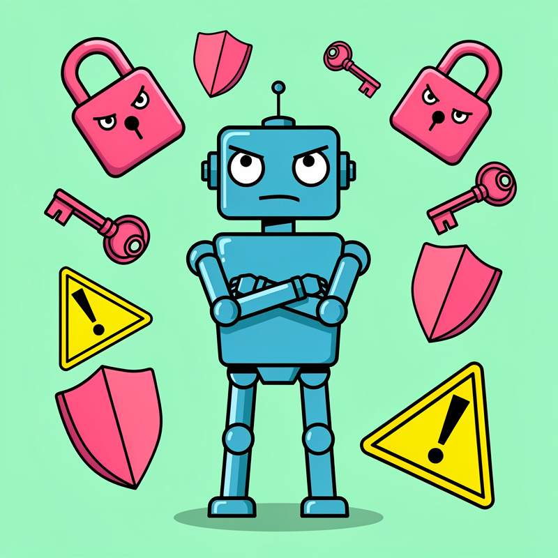 A blue robot with an annoyed expression sits cross-armed in the center on a mint green background, surrounded by floating pink padlocks, pink keys, pink shields, and yellow warning triangles with exclamation marks.