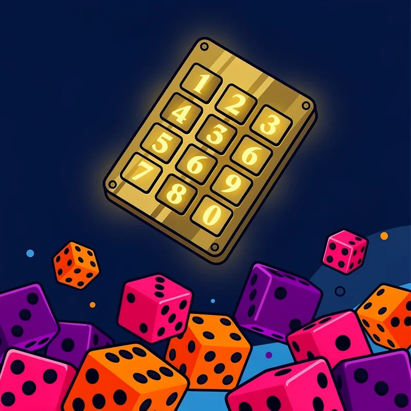A brass keypad with softly glowing buttons floating above a scattering of dice, lit in cool blue light against a dark background.