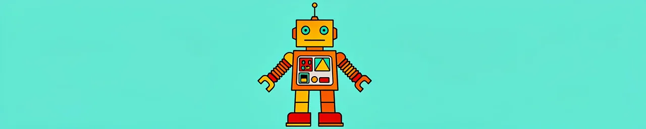 A cartoon robot with a yellow rectangular head, orange body with a control panel, striped yellow and red accordion-style arms and legs, and orange feet stands with arms raised against a bright turquoise background. The robot has a red antenna on top of its head, two circular eyes, a straight line mouth, and three colored buttons (red, yellow, red) on its chest panel.