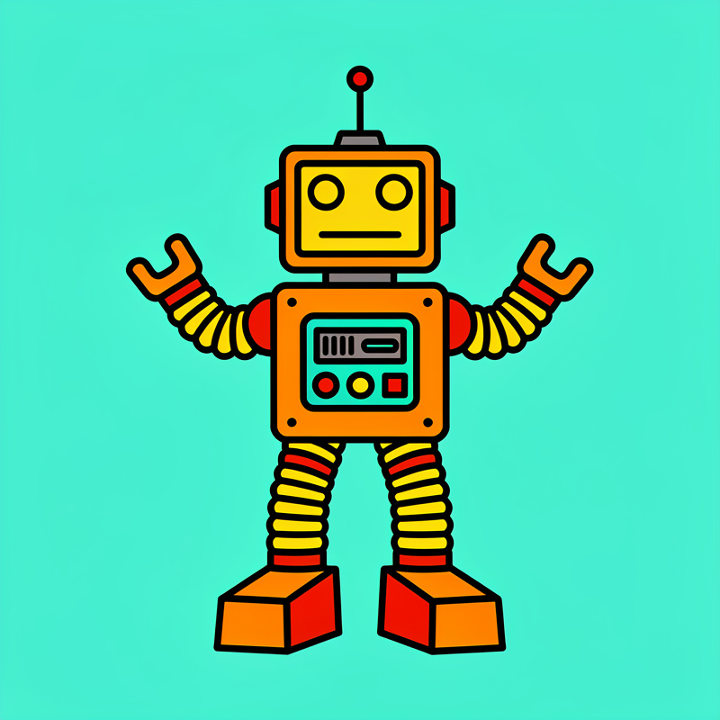 A cartoon robot with a yellow rectangular head, orange body with a control panel, striped yellow and red accordion-style arms and legs, and orange feet stands with arms raised against a bright turquoise background. The robot has a red antenna on top of its head, two circular eyes, a straight line mouth, and three colored buttons (red, yellow, red) on its chest panel.