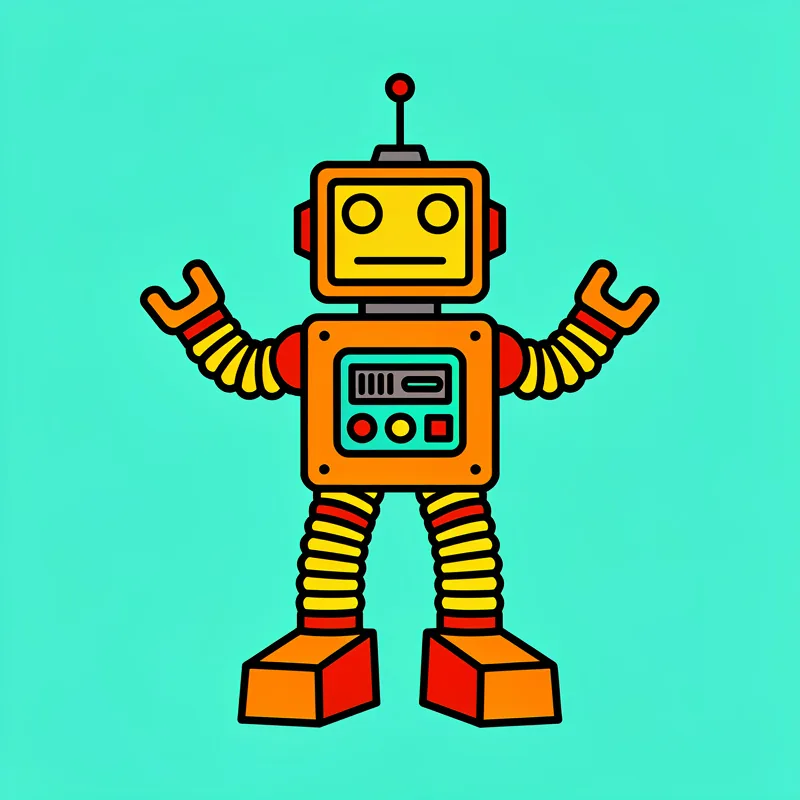 A cartoon robot with a yellow rectangular head, orange body with a control panel, striped yellow and red accordion-style arms and legs, and orange feet stands with arms raised against a bright turquoise background. The robot has a red antenna on top of its head, two circular eyes, a straight line mouth, and three colored buttons (red, yellow, red) on its chest panel.