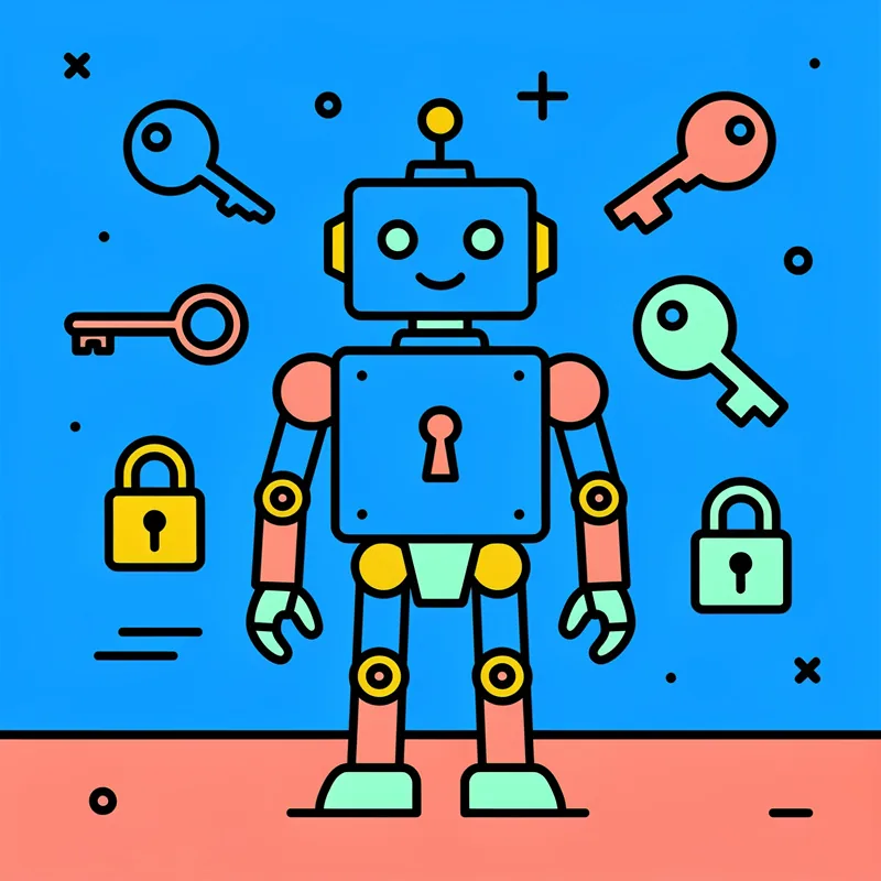 A cartoon robot with a blue rectangular head and body stands centered on a coral-colored ground against a bright blue background, with a keyhole on its chest. Surrounding the robot are various colored keys (black, coral, and mint green) and padlocks (yellow and mint green), along with small decorative dots, plus signs, and X marks scattered throughout the composition.