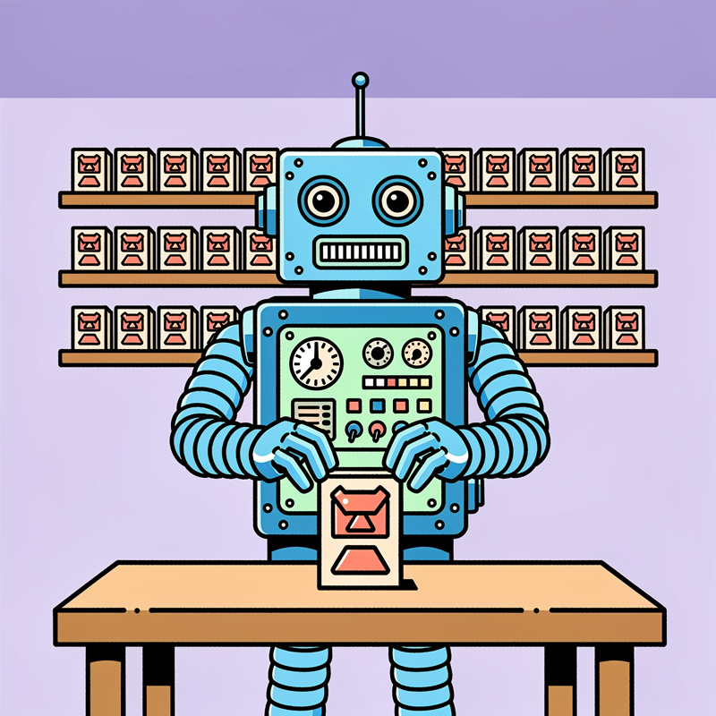 A blue robot with round eyes and segmented arms sits at a wooden table, appearing to process or handle an hourglass-shaped item in front of its mint-green control panel chest. Behind the robot are three wooden shelves lined with identical hourglass icons in a repeating pattern against a purple gradient background.