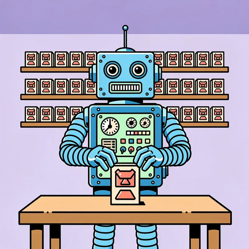 A blue robot with round eyes and segmented arms sits at a wooden table, appearing to process or handle an hourglass-shaped item in front of its mint-green control panel chest. Behind the robot are three wooden shelves lined with identical hourglass icons in a repeating pattern against a purple gradient background.