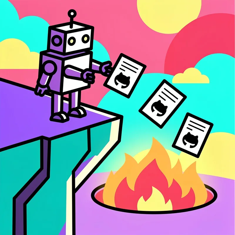 Robot standing on side of a cliff throwing documents into a pit of fire
