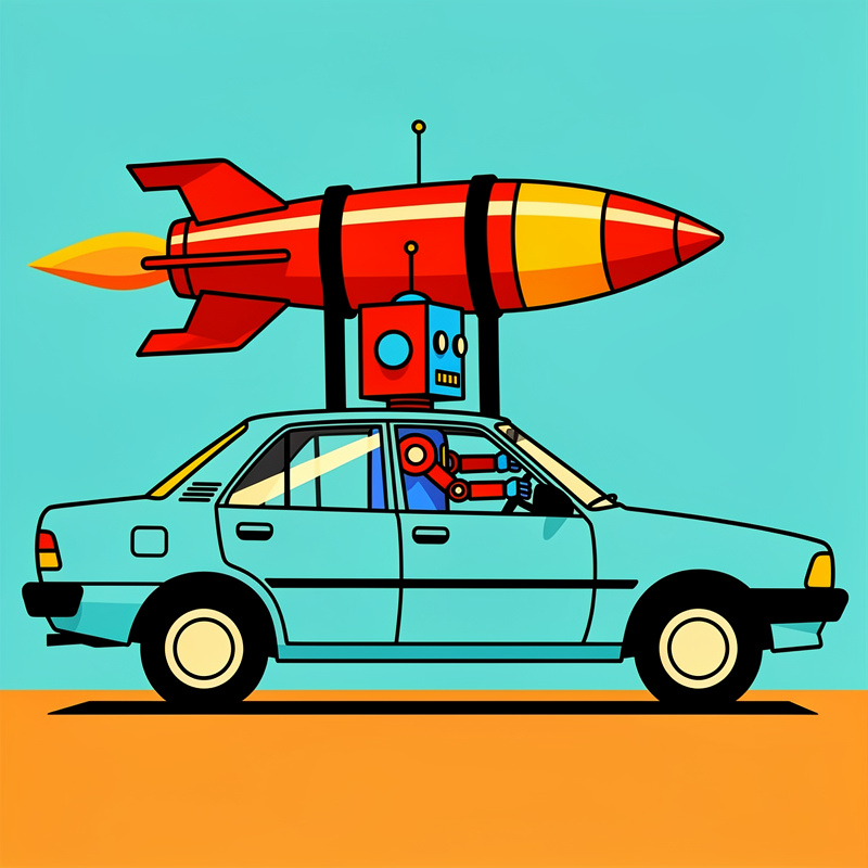 A retro-style red and blue robot with a square head and antenna driving a Toyota Corolla with a rocket strapped to the top