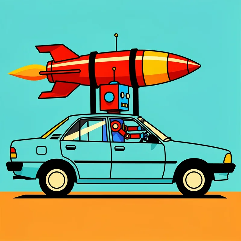 A retro-style red and blue robot with a square head and antenna driving a Toyota Corolla with a rocket strapped to the top