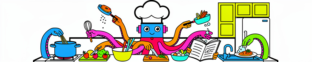 A colorful robot chef with a blue rectangular head, chef's hat, and eight multi-colored tentacle-like arms (orange, green, pink, yellow) simultaneously performs multiple cooking tasks in a kitchen - whisking, holding utensils, stirring a pot on a blue stove, mixing in a green bowl, reading a recipe book, chopping vegetables on a cutting board, and washing dishes at a sink. The kitchen features bright blue, yellow, pink, and orange cabinets and countertops.