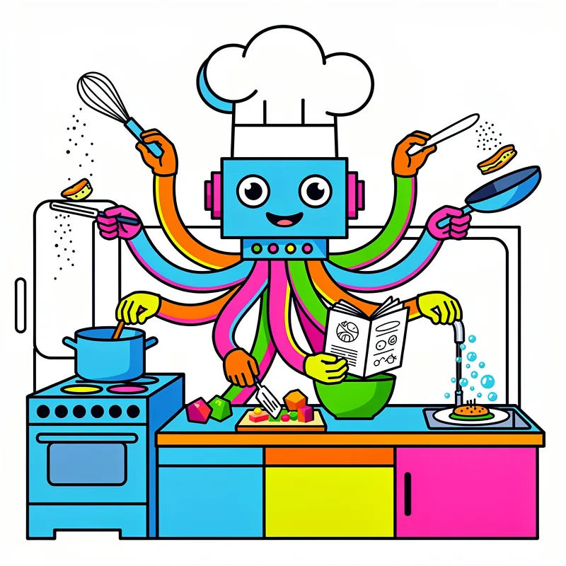 A colorful robot chef with a blue rectangular head, chef's hat, and eight multi-colored tentacle-like arms (orange, green, pink, yellow) simultaneously performs multiple cooking tasks in a kitchen - whisking, holding utensils, stirring a pot on a blue stove, mixing in a green bowl, reading a recipe book, chopping vegetables on a cutting board, and washing dishes at a sink. The kitchen features bright blue, yellow, pink, and orange cabinets and countertops.