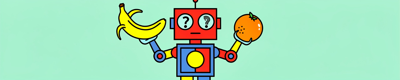A cartoon robot with a red rectangular head featuring spiral eyes and yellow ear pieces stands against a mint green background, holding a yellow banana in its left hand and an orange in its right hand. The robot has a blue rectangular body, blue legs, red feet, and yellow hands.