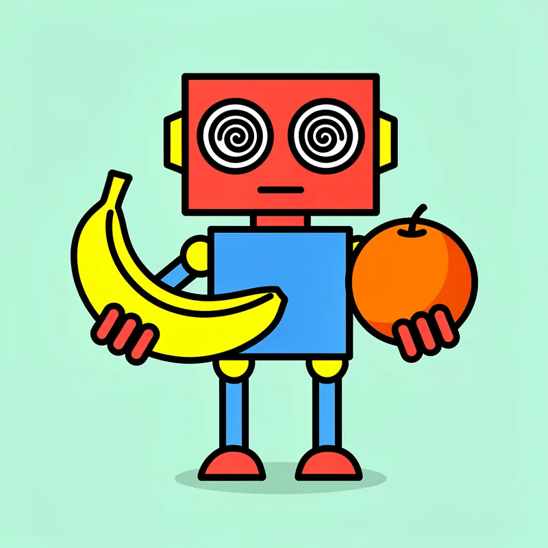 A cartoon robot with a red rectangular head featuring spiral eyes and yellow ear pieces stands against a mint green background, holding a yellow banana in its left hand and an orange in its right hand. The robot has a blue rectangular body, blue legs, red feet, and yellow hands.