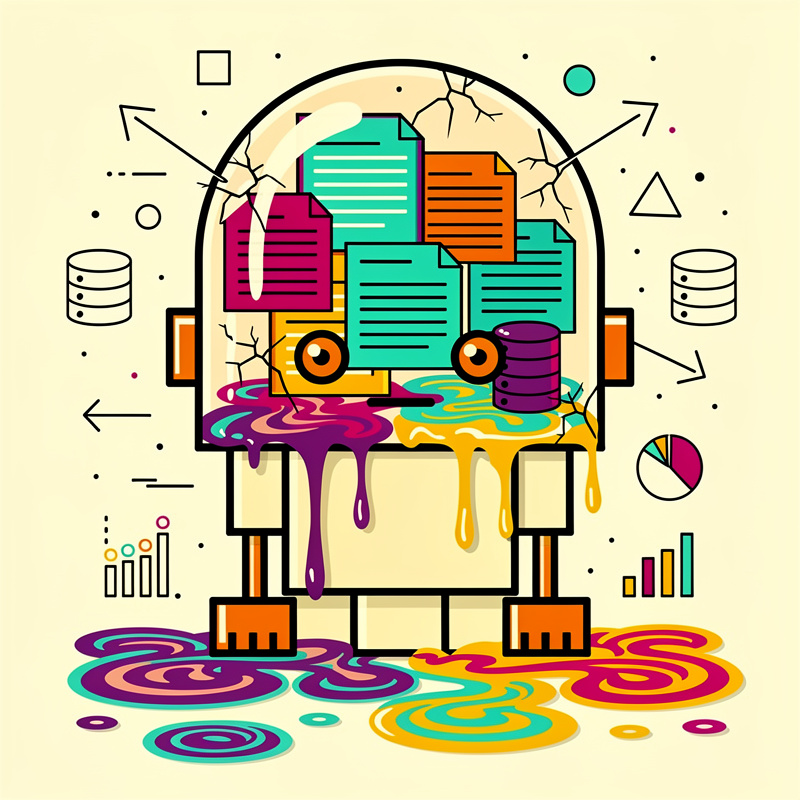 A colorful illustration of a robot-like figure with a transparent dome head containing stacked documents in cyan, orange, and magenta, standing on legs with wheels, surrounded by database icons, arrows, charts, and geometric shapes on a pale yellow background. Purple, orange, and cyan liquid appears to be dripping from the figure onto circular puddles on the ground below.
