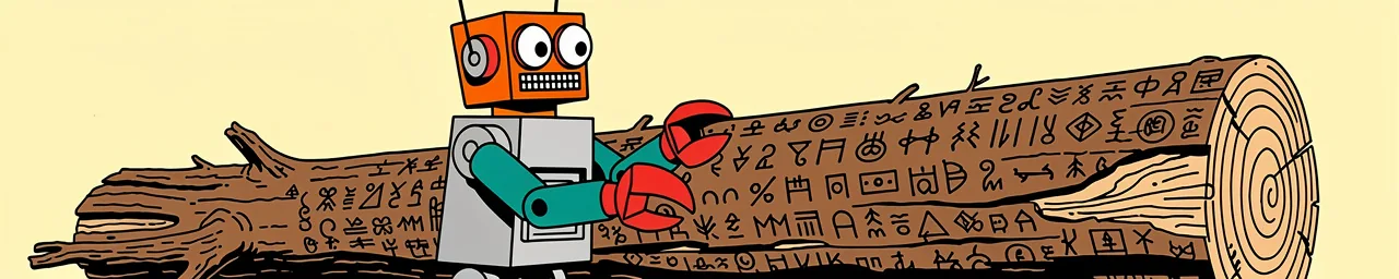 A 70's toy-style robot with an orange rectangular head and silver body examines a gigantic tree log laying on the ground with unreadable, archaic words written on it. The robot has round eyes, a grill mouth, red claw hands, with teal-colored arms, set against a pale yellow background.