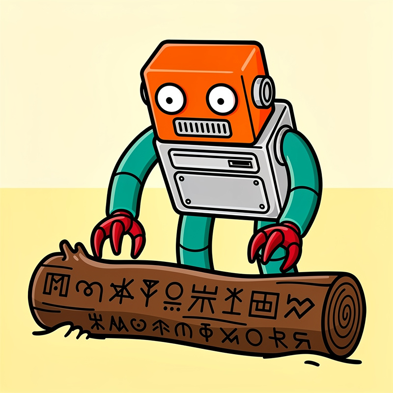 A 70's toy-style robot with an orange rectangular head and silver body examines a tree log laying on the ground with unreadable, archaic words written on it. The robot has round eyes, a grill mouth, red claw hands, with teal-colored arms, set against a pale yellow background.