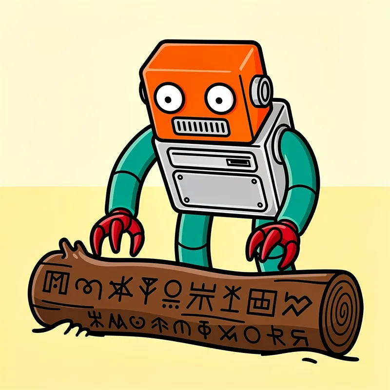 A 70's toy-style robot with an orange rectangular head and silver body examines a tree log laying on the ground with unreadable, archaic words written on it. The robot has round eyes, a grill mouth, red claw hands, with teal-colored arms, set against a pale yellow background.