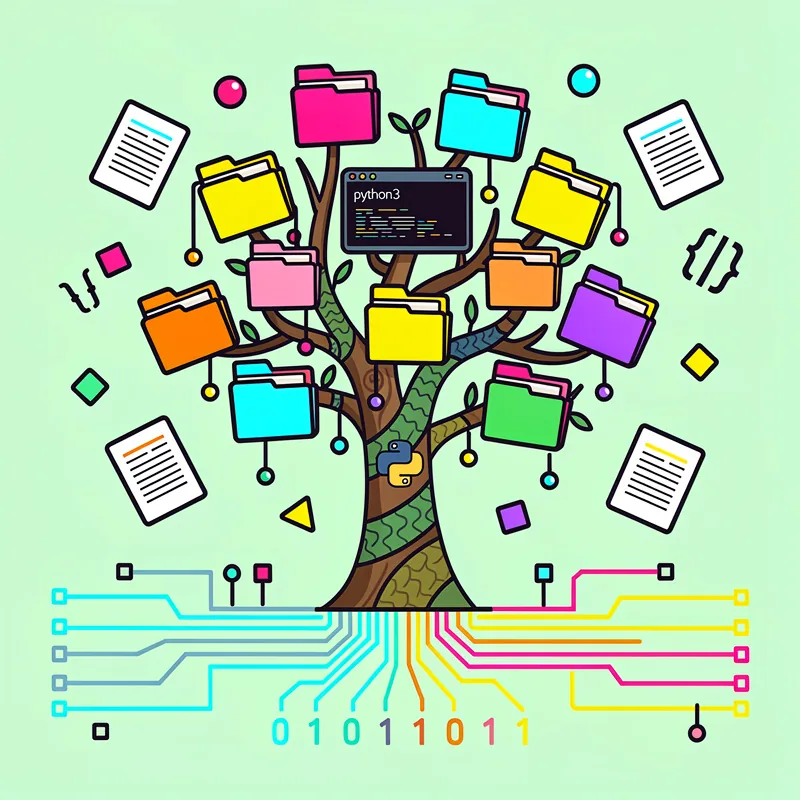 A stylized tree with a brown trunk and green leaves has colorful folders (pink, cyan, yellow, orange, purple, green) hanging from its branches like fruit, with a small monitor displaying "python3" code at the top center. The roots extend downward as colorful circuit board traces connecting to binary digits (0s and 1s) at the bottom, while documents, code brackets, and geometric shapes float around the tree against a light green background.