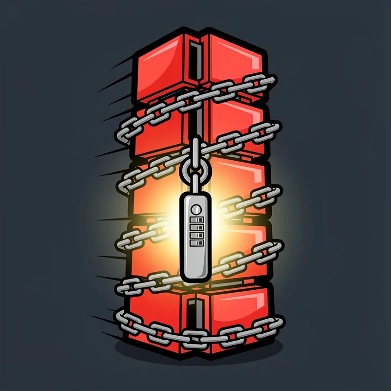 A stack of glossy red cubes arranged like a fast-moving server rack, wrapped in a thick steel chain with a long combination lock, glowing against a dark slate background.